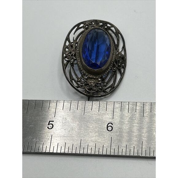 Vintage Cobalt Blue Glass Oval Brooch Pin Metal Unsigned - Picture 10 of 10